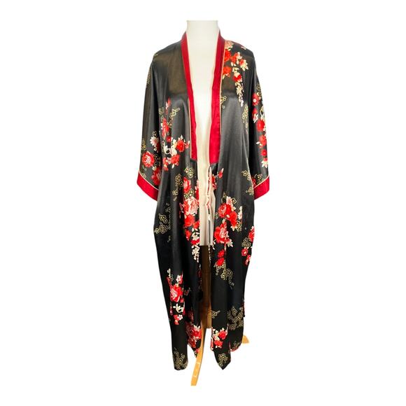 Jones New York Floral Satin Kimono Robe Black Red L/XL Belted Long Sleeve Silky - Picture 3 of 16